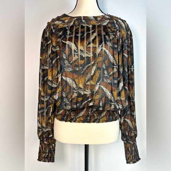 NICOLA Tops - Vintage 80’s Sheer Silky Stripe See-through‎ Abstract Art Print Blouse